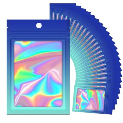 100 Holographic Gradient Mylar Bags with Clear Window, Resealable Zip Pouch, Packaging Party Sample Bags (Gradient Blue, 5.5x7.8 Inch)