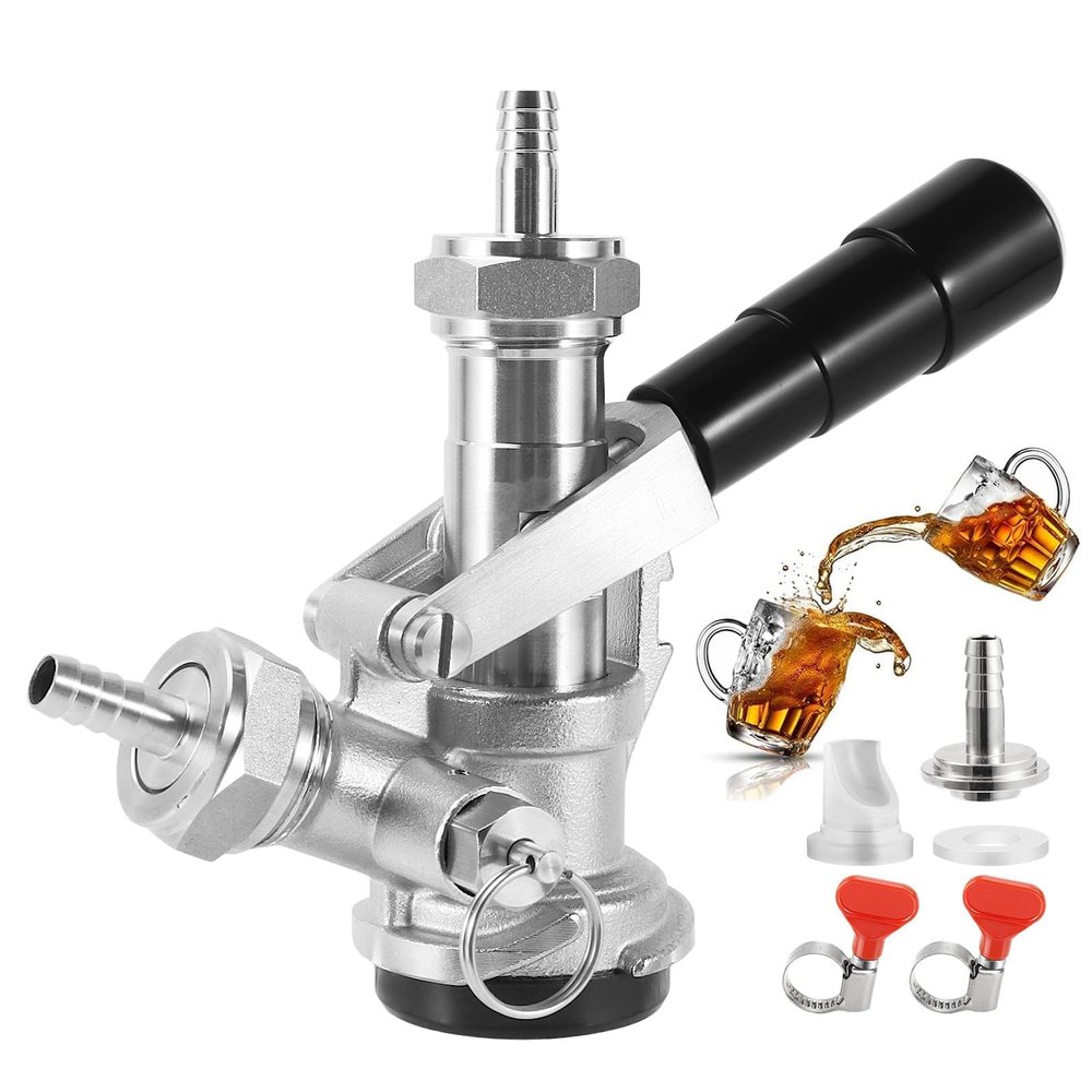 Dbgogo All Stainless Steel D Keg Coupler, Commercial Kegerator Sankey D System Keg Tap Dispenser for 1/4'' Beer Line 5/16'' Gas Tubing American Sankey D Keg Coupler Beer Keg Coupler with Hose Clamp
