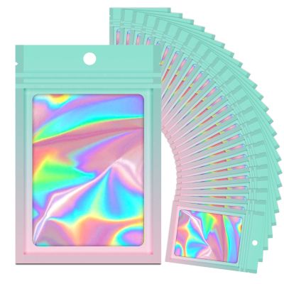 100 Holographic Gradient Mylar Bags with Clear Window, Resealable Zip Pouch, Packaging Party Sample Bags (Green&Pink, 5.5x7.8 Inch)