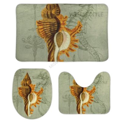 3 Pieces Bathroom Rug Set, Conch Seahorse Soft Foam Non Slip Bath Mats Sets Toilet Contour Mat Lid Cover for Bathtub Shower and Bathroom Decor 18"x30"