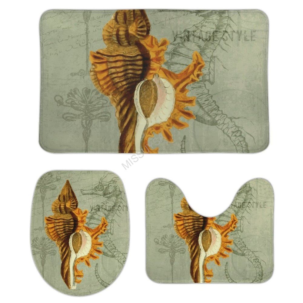 3 Pieces Bathroom Rug Set, Conch Seahorse Soft Foam Non Slip Bath Mats Sets Toilet Contour Mat Lid Cover for Bathtub Shower and Bathroom Decor 18"x30"