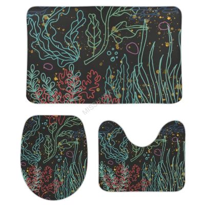 3 Pieces Bathroom Rug Set, Aquatic Plants Small Fish Coral Soft Foam Non Slip Bath Mats Sets Toilet Contour Mat Lid Cover for Bathtub Shower and Bathroom Decor 20"x32"