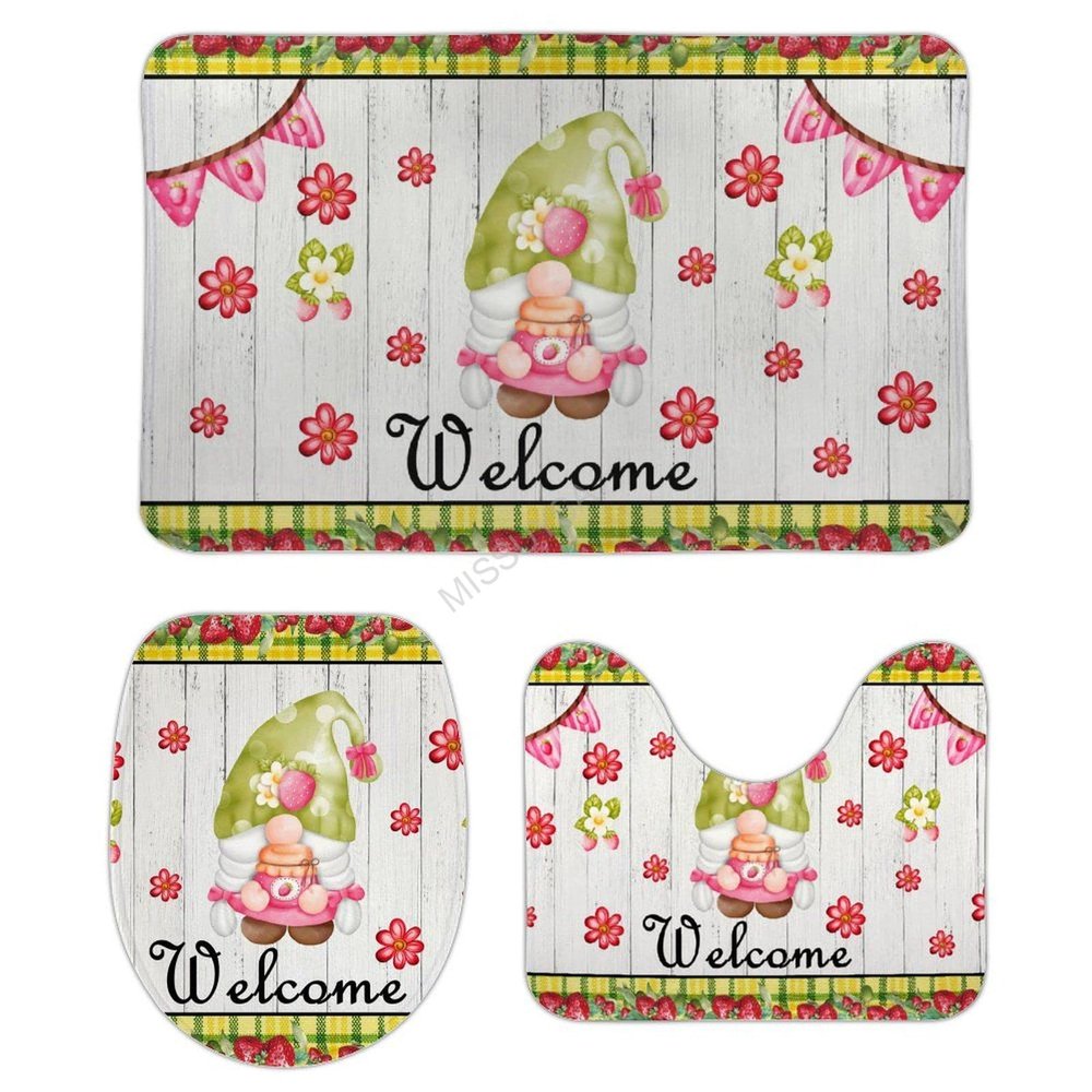 3 Pieces Bathroom Rug Set, Gnomes Fruit Buffalo Plaids Soft Foam Non Slip Bath Mats Sets Toilet Contour Mat Lid Cover for Bathtub Shower and Bathroom Decor 18"x30"