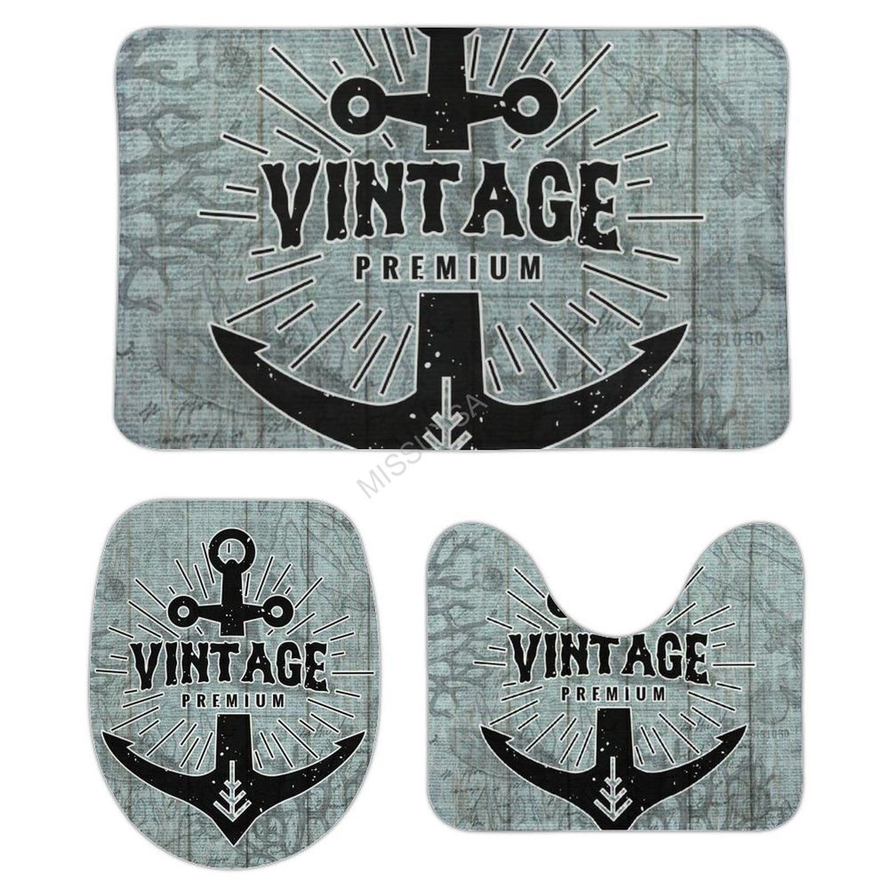 3 Pieces Bathroom Rug Set, Navigation Anchor Soft Foam Non Slip Bath Mats Sets Toilet Contour Mat Lid Cover for Bathtub Shower and Bathroom Decor 18"x30"