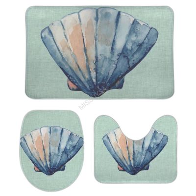 3 Pieces Bathroom Rug Set, Watercolor Underwater World Shell Soft Foam Non Slip Bath Mats Sets Toilet Contour Mat Lid Cover for Bathtub Shower and Bathroom Decor 20"x32"