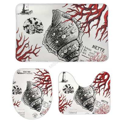 3 Pieces Bathroom Rug Set, Retro Ocean Theme Soft Foam Non Slip Bath Mats Sets Toilet Contour Mat Lid Cover for Bathtub Shower and Bathroom Decor 18"x30"