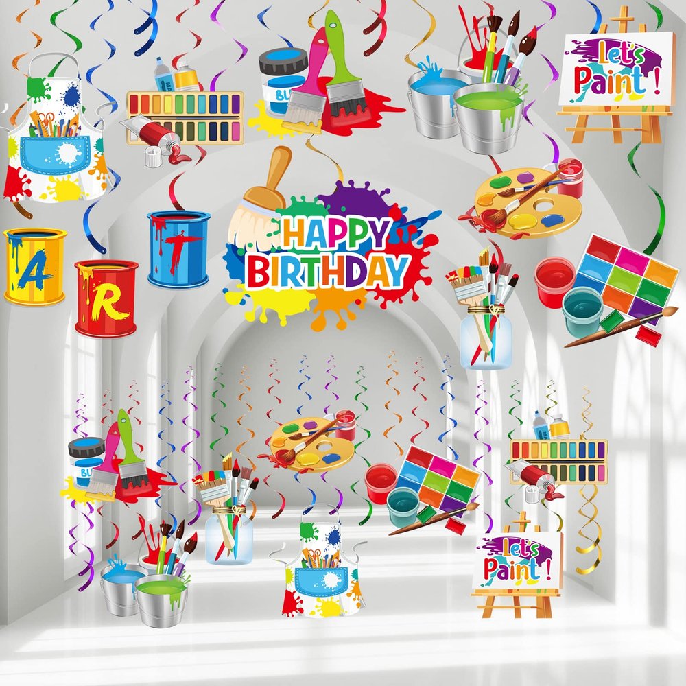 46 Pieces Art Painting Party Decoration, Art Birthday Hanging Swirls Ceiling Decor for Kids Girl Boy Painting Birthday Graffiti Party Supplies
