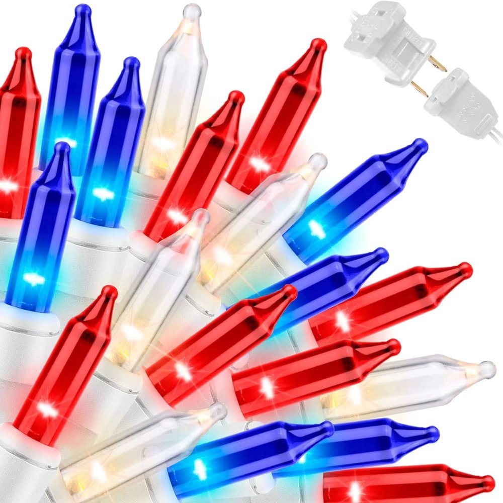 LAMPHOME Patriotic String Lights - Red White Blue Mini Lights with White Wire - 31.9Ft 300 Count UL Certified String Lights for Independence Day Patriotic Holidays Decoration (Red, White & Blue)