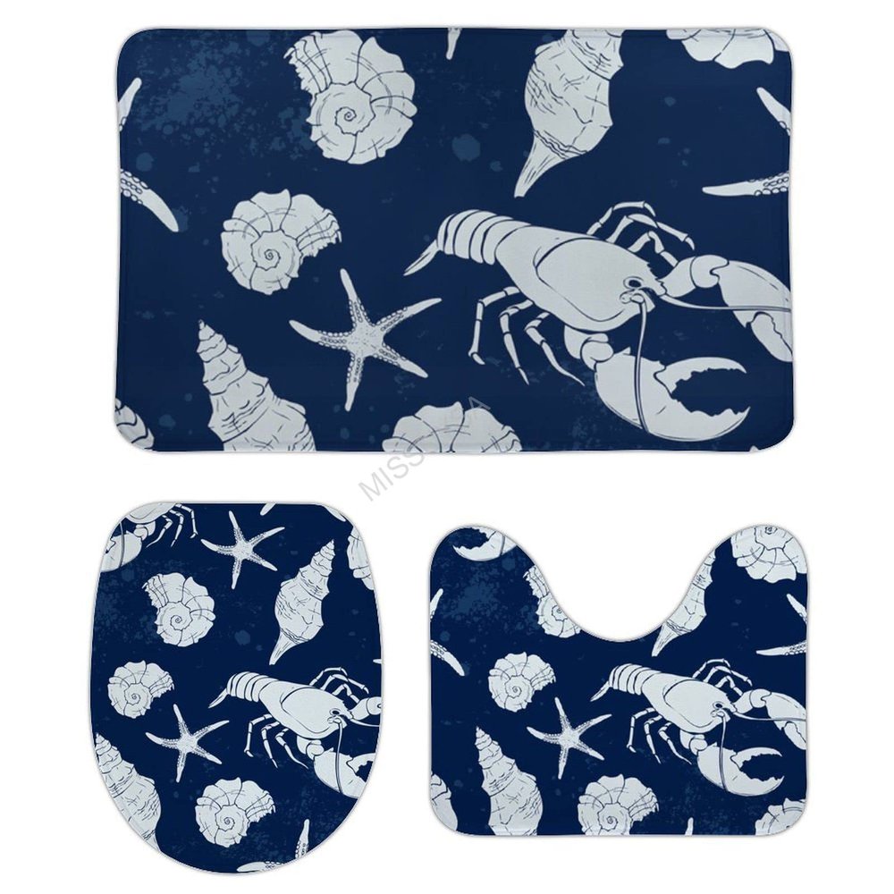 3 Pieces Bathroom Rug Set, Conch Starfish Lobster on Dark Blue Soft Foam Non Slip Bath Mats Sets Toilet Contour Mat Lid Cover for Bathtub Shower and Bathroom Decor 18"x30"