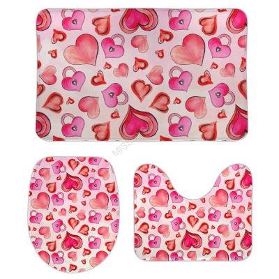3 Pieces Bathroom Rug Set, Valentine's Day Love Hearts Soft Foam Non Slip Bath Mats Sets Toilet Contour Mat Lid Cover for Bathtub Shower and Bathroom Decor 18"x30"