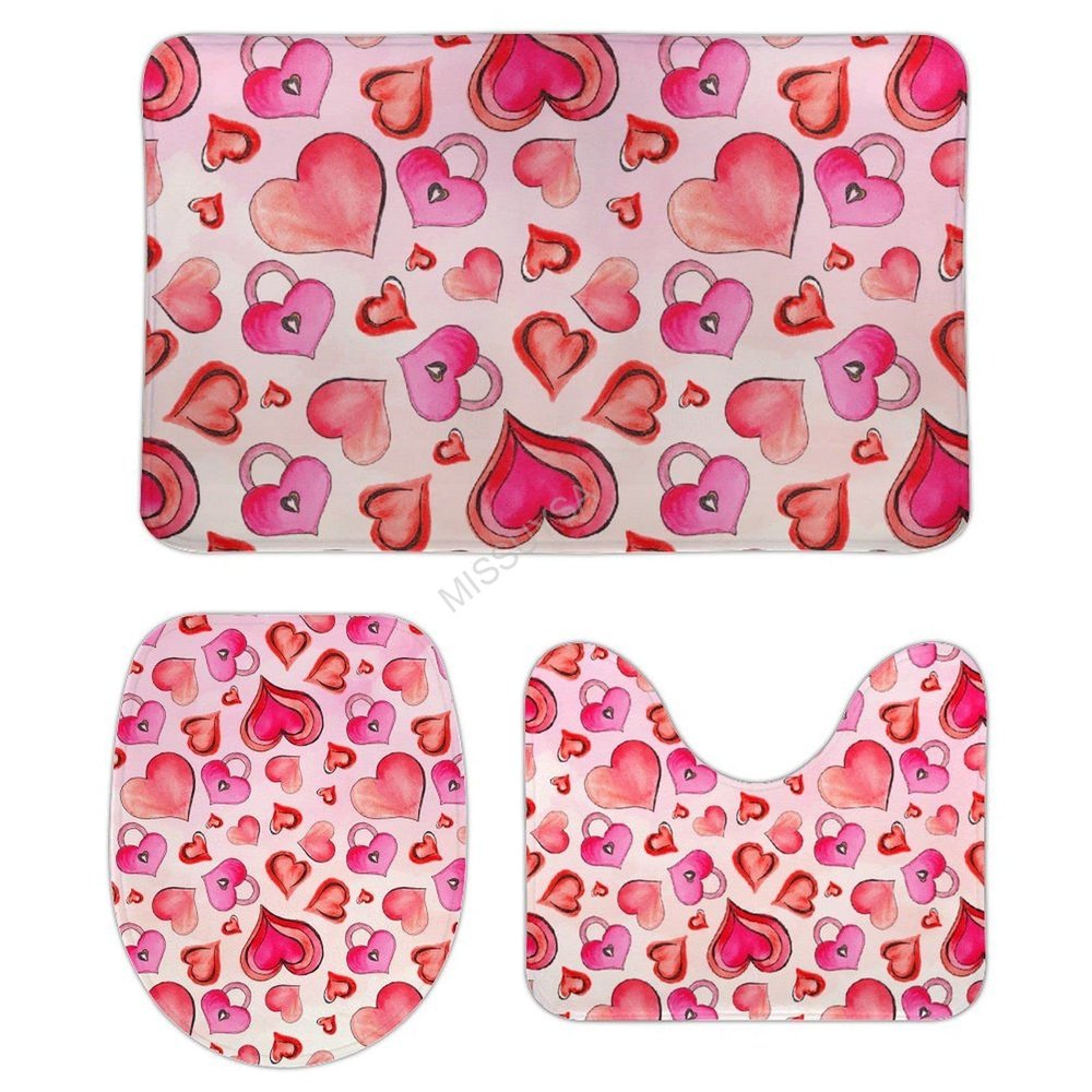 3 Pieces Bathroom Rug Set, Valentine's Day Love Hearts Soft Foam Non Slip Bath Mats Sets Toilet Contour Mat Lid Cover for Bathtub Shower and Bathroom Decor 18"x30"