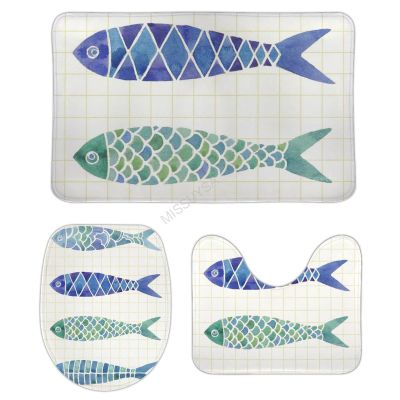 3 Pieces Bathroom Rug Set, Sea Fish Stripe Background Soft Foam Non Slip Bath Mats Sets Toilet Contour Mat Lid Cover for Bathtub Shower and Bathroom Decor 18"x30"