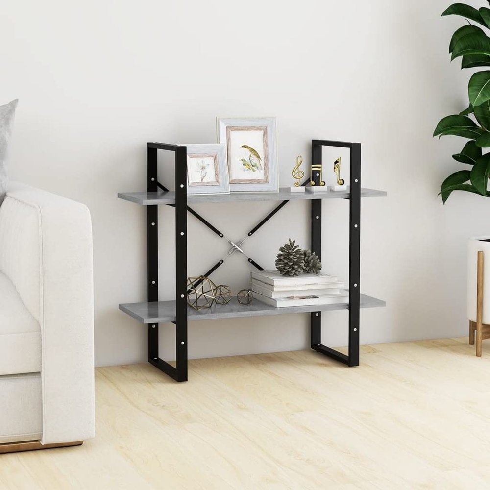 2 Tier Book Cabinet Bookcase Bookshelf, Modern Chipboard Standing Rack Metal Frame Storage Shelf Bookshelves Display Rack for Living Room, Bedroom 31.5"x11.8"x27.6" Concrete Gray
