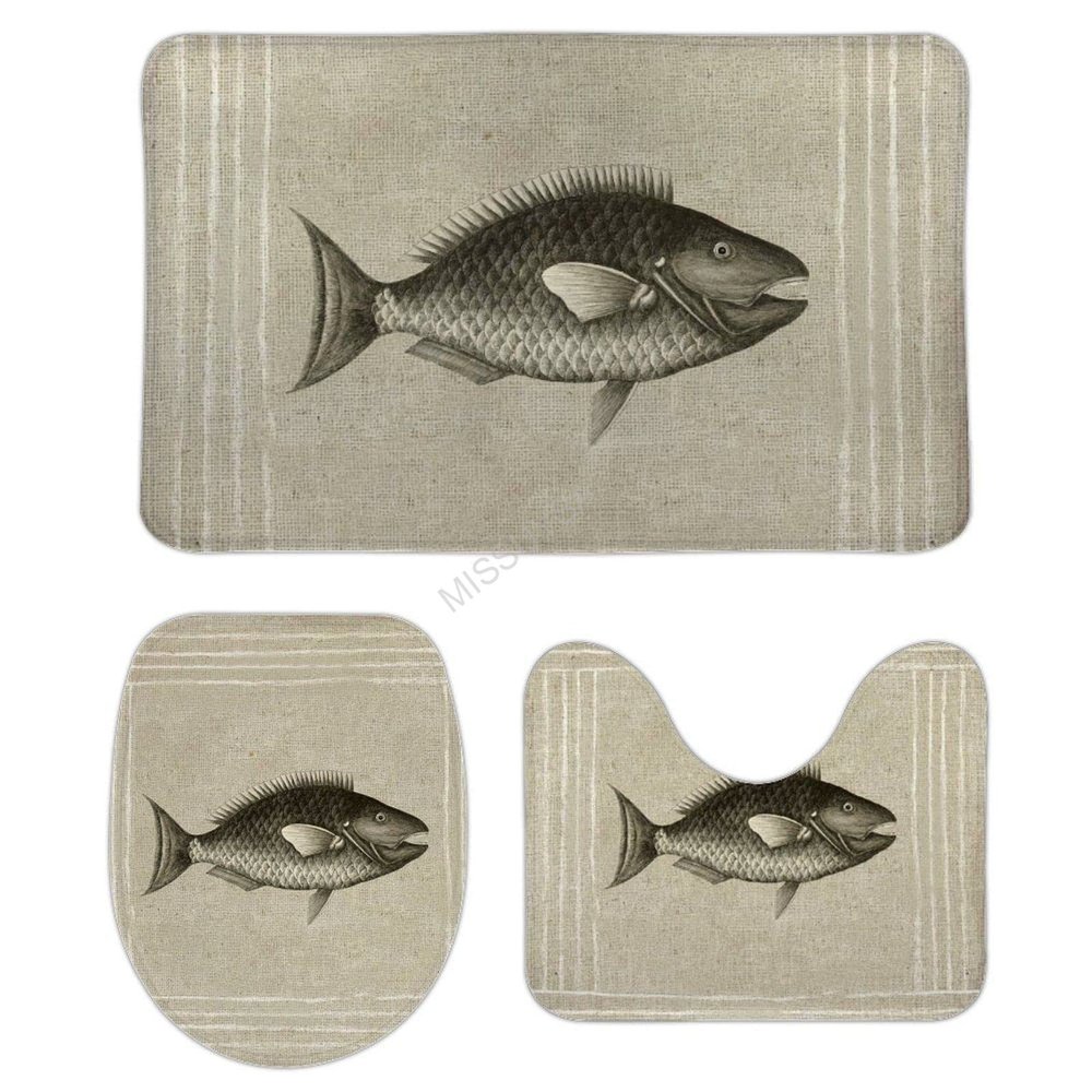 3 Pieces Bathroom Rug Set, Underwater World Fish Life Soft Foam Non Slip Bath Mats Sets Toilet Contour Mat Lid Cover for Bathtub Shower and Bathroom Decor 20"x32"