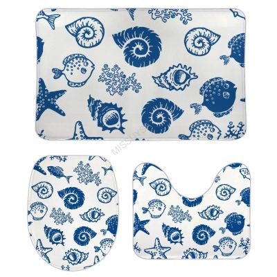 3 Pieces Bathroom Rug Set, Conch Starfish Fish Coral Soft Foam Non Slip Bath Mats Sets Toilet Contour Mat Lid Cover for Bathtub Shower and Bathroom Decor 20"x32"