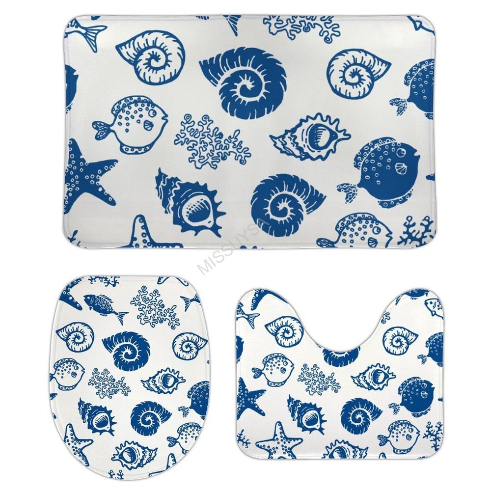 3 Pieces Bathroom Rug Set, Conch Starfish Fish Coral Soft Foam Non Slip Bath Mats Sets Toilet Contour Mat Lid Cover for Bathtub Shower and Bathroom Decor 20"x32"