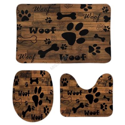 3 Pieces Bathroom Rug Set, Dog Paw Prints Rustic Old Barn Wood Soft Foam Non Slip Bath Mats Sets Toilet Contour Mat Lid Cover for Bathtub Shower and Bathroom Decor 20"x32"