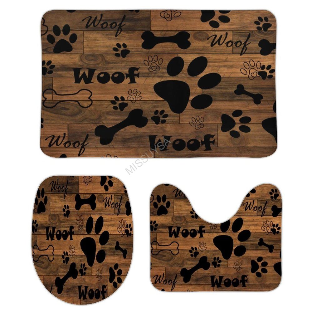 3 Pieces Bathroom Rug Set, Dog Paw Prints Rustic Old Barn Wood Soft Foam Non Slip Bath Mats Sets Toilet Contour Mat Lid Cover for Bathtub Shower and Bathroom Decor 20"x32"