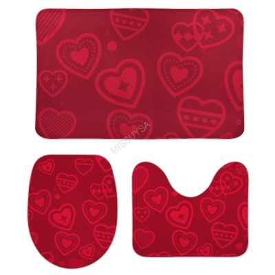 3 Pieces Bathroom Rug Set, Valentine's Day Red Soft Foam Non Slip Bath Mats Sets Toilet Contour Mat Lid Cover for Bathtub Shower and Bathroom Decor 20"x32"
