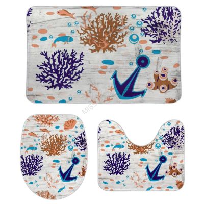 3 Pieces Bathroom Rug Set, Anchor Coral Fish Birch Grain Soft Foam Non Slip Bath Mats Sets Toilet Contour Mat Lid Cover for Bathtub Shower and Bathroom Decor 20"x32"