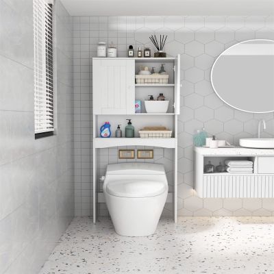 VERYKE Over The Toilet Storage Cabinet Freestanding Spacesaver Bathroom Stand White Toilet Storage Organizer with 3 Layers,Open shlef & 2 Doors