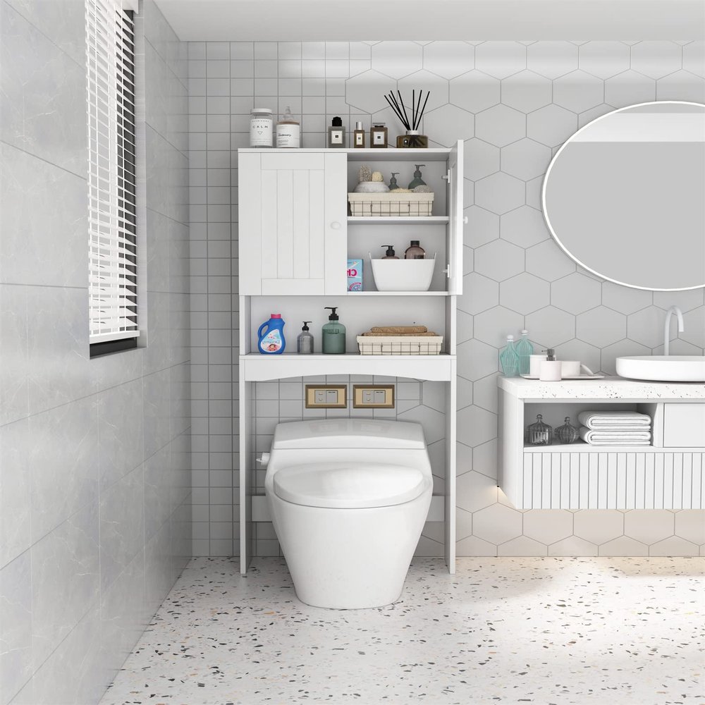 VERYKE Over The Toilet Storage Cabinet Freestanding Spacesaver Bathroom Stand White Toilet Storage Organizer with 3 Layers,Open shlef & 2 Doors