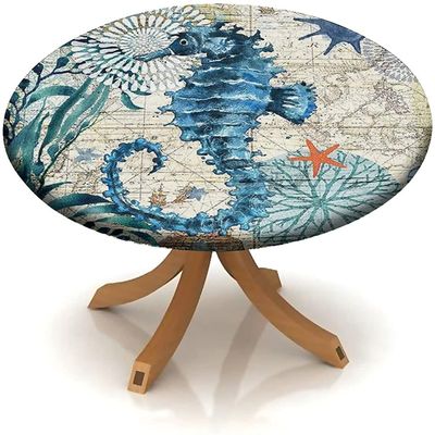 SOONEEDEAR Ocean Biological Theme Elastic Edge Table Cover Round, Blue Green Hippocampus Fitted Tablecloth, 60 Inch Table Cloth for Outdoor and Indoor Dining Table Decor