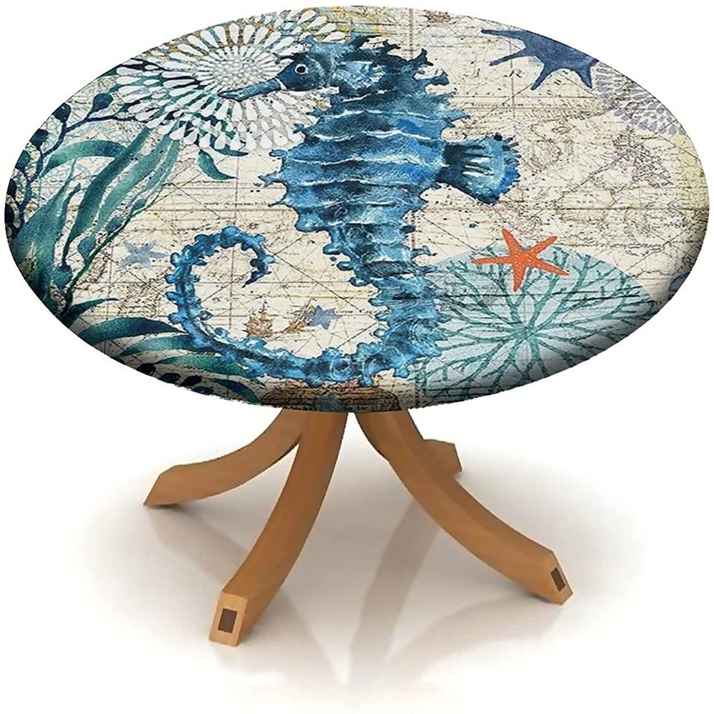 SOONEEDEAR Ocean Biological Theme Elastic Edge Table Cover Round, Blue Green Hippocampus Fitted Tablecloth, 60 Inch Table Cloth for Outdoor and Indoor Dining Table Decor