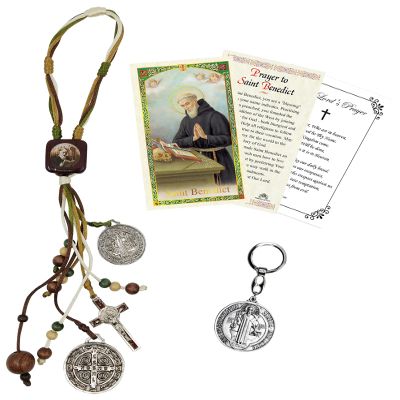 St Benedict Catholic House Blessing - with Saint Benedict of Nursia Card, Keychain, The Lord's Prayer | Holy Patron Saint of Europe San Benito Home Door Hanger, Cards, Key Chain | 4 Items Kit