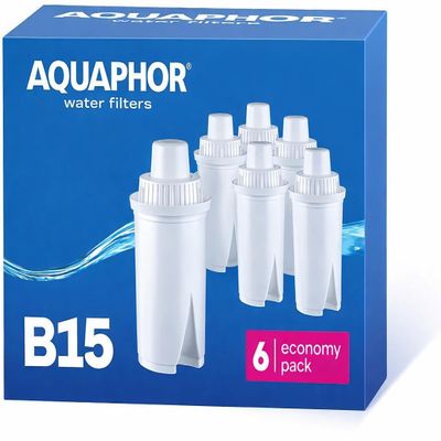 AQUAPHOR B15 Water Filter Replacement - 6 Pack | Fast Flow Water Filtration | Lasts 2 Months or 45 Gallons Per Filter | BPA-Free | Reduces Chlorine & Heavy Metals | Improved Taste & Filtered Water