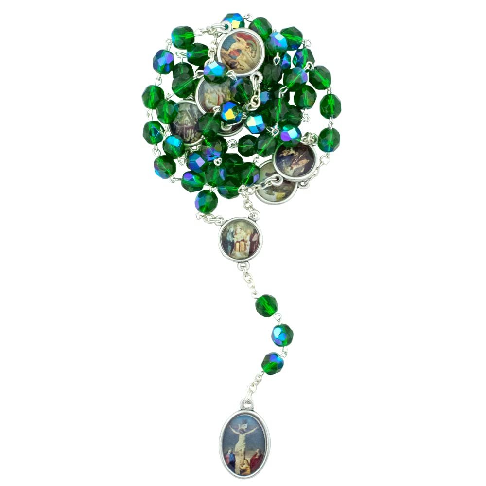 Our Lady of Sorrows | Catholic Devotional Prayer Beads | Includes Plastic Hard Case and Instructions | Great Religious Gift for First Holy Communion and Confirmation (Green)