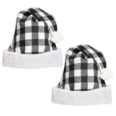 Beistle Plaid Santa Hats 2 Pack, Black & White Buffalo Check Holiday Wearable Accessories, Soft Fabric Santa Caps with White Trim & Pom, One Size Fits Most Adults