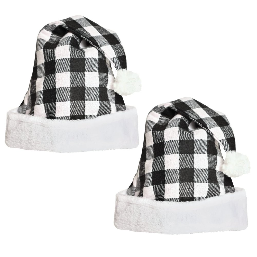 Beistle Plaid Santa Hats 2 Pack, Black & White Buffalo Check Holiday Wearable Accessories, Soft Fabric Santa Caps with White Trim & Pom, One Size Fits Most Adults