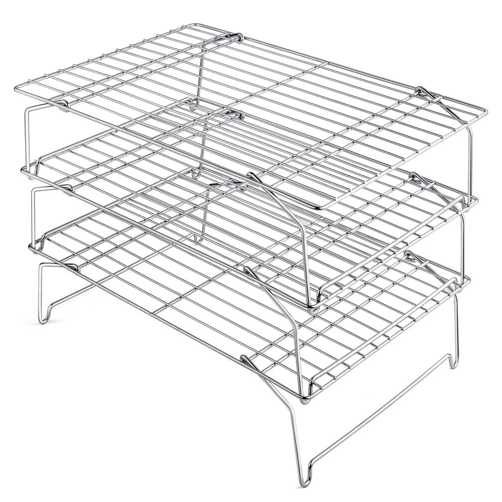 15IN x 10IN Cooling Baking Rack Set of 3, Leonyo 3-Tier Stackable Stainless Steel Wire Baking Cooking Racks Set for Cookie, Pizza, Cup Cake, Raised & Folding Feet