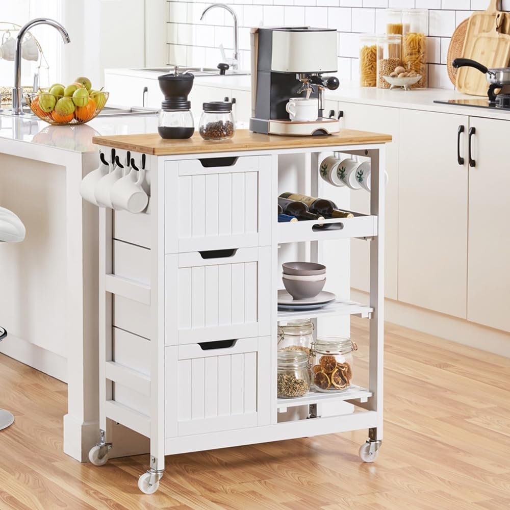 Yaheetech Kitchen Island Cart on Wheels, Rolling Storage Cart with Bamboo Countertop, 3 Drawers, 3 Removable Shelves & Lockable Casters for Dining Room, Bar, White