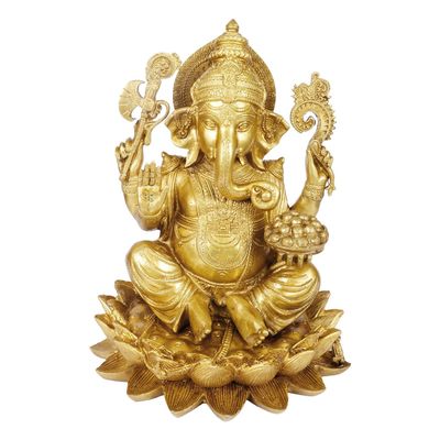 Brass Lord Ganesha Bhagwan Idol Sitting with Mooshak on Lotus Flower Base Mangalkari Ganpati Murti Statue for Home Office Entrance Decor Pooja in Antique Gold Color Height 11.5 Inch