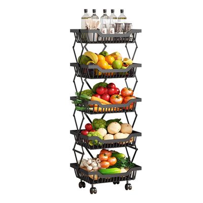 5-Tier Fruit Basket Cart with Wheels, Metal Wire Fruit Vegetable Storage Basket Organizer for Kitchen, No Installation Required and Foldable Utility storage shelf Cart for Pantry,Bathroom (Black)
