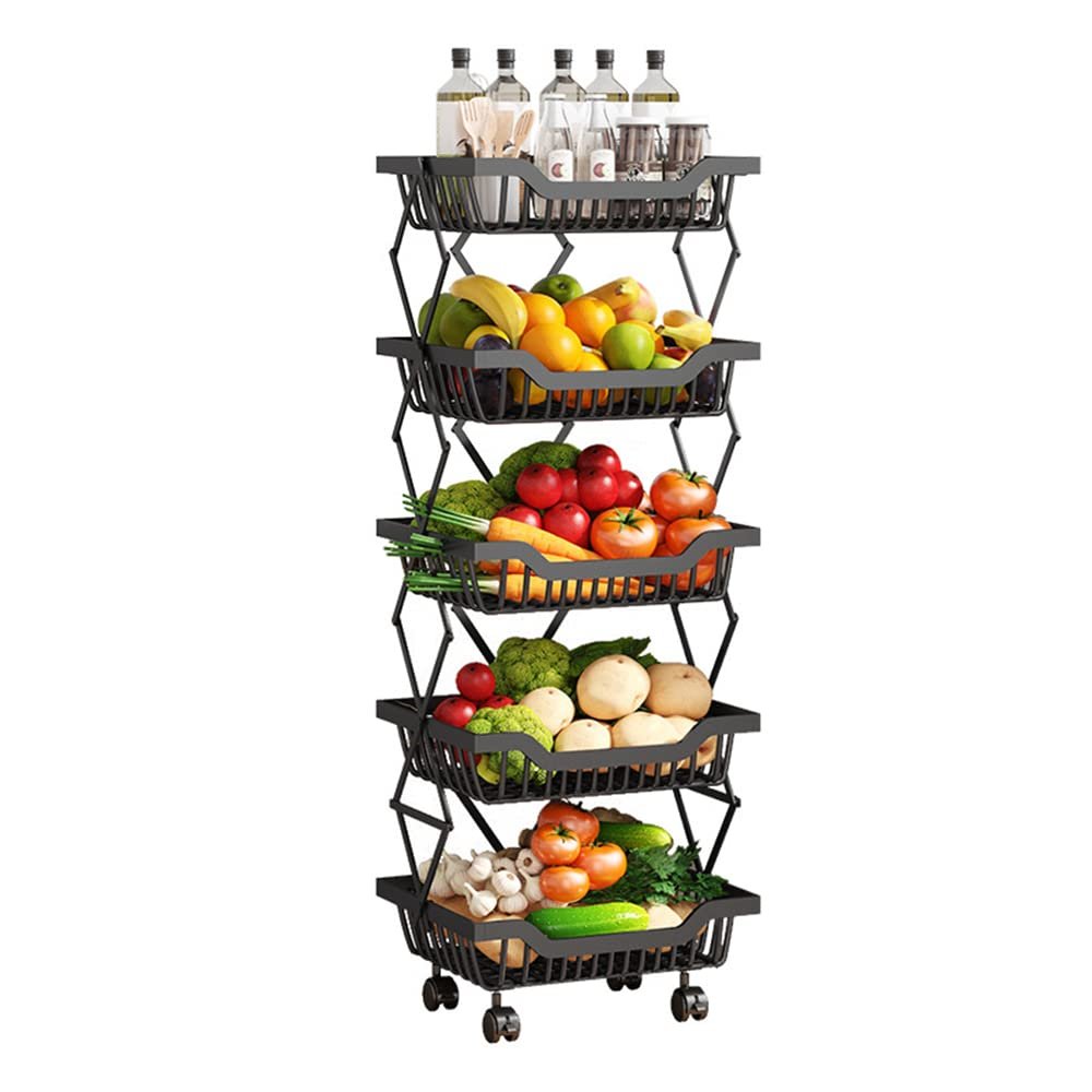 5-Tier Fruit Basket Cart with Wheels, Metal Wire Fruit Vegetable Storage Basket Organizer for Kitchen, No Installation Required and Foldable Utility storage shelf Cart for Pantry,Bathroom (Black)