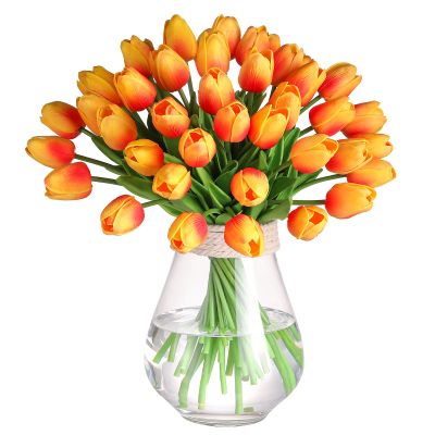 30 Pcs Artificial Tulips PU Faux Flowers, Sunset Real Touch Fake Tulips for Valentine's Day Spring Easter Home Kitchen Wedding Decorations and New Year Decor