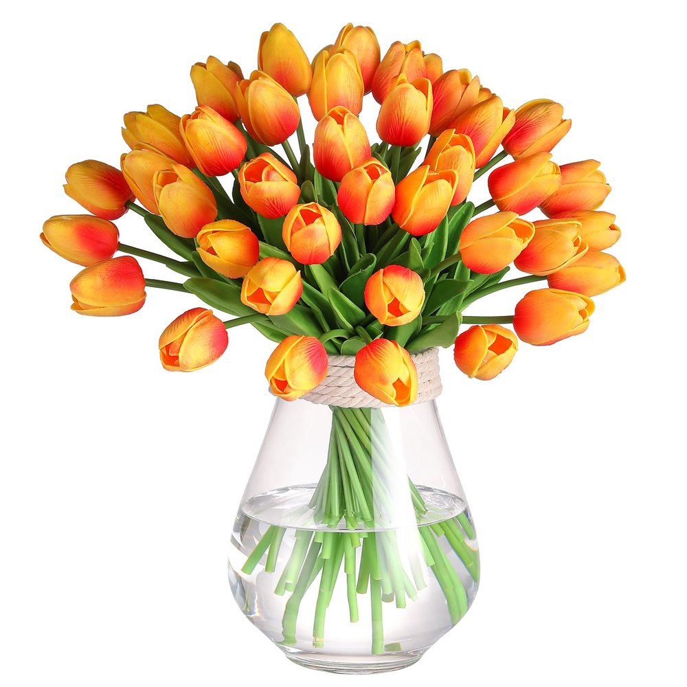 30 Pcs Artificial Tulips PU Faux Flowers, Sunset Real Touch Fake Tulips for Valentine's Day Spring Easter Home Kitchen Wedding Decorations and New Year Decor
