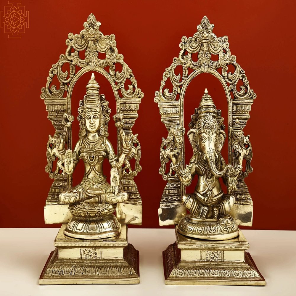 Exotic India 12" Brass Lord Ganesha and Goddess Lakshmi with Kirtimukha Prabhavali - Brass