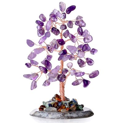 Amethyst Healing Crystal Tree of Life Natural Gemstone Agate Slice Base Copper Wire Wrapped Money Trees Feng Shui Reiki Spiritual Energy Decorations Home Office Room Desk Decor Gifts for Women Men