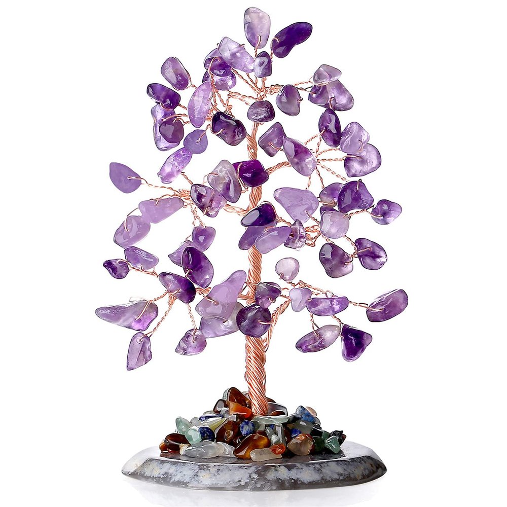 Amethyst Healing Crystal Tree of Life Natural Gemstone Agate Slice Base Copper Wire Wrapped Money Trees Feng Shui Reiki Spiritual Energy Decorations Home Office Room Desk Decor Gifts for Women Men