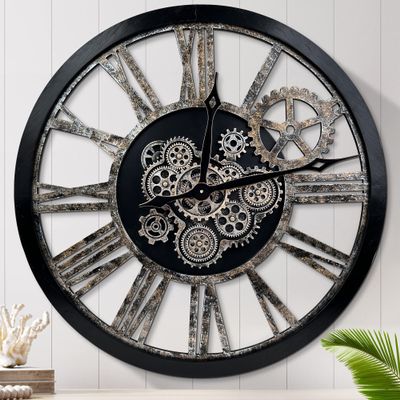 Large Wall Clock, Clocks for Living Room Decor Oversized 30 Inch Wall Decor Farmhouse Vintage Rustic Industrial Roman Big Chic Home Decor Wall Clock for House Bedroom Office, Moving Gears Clock