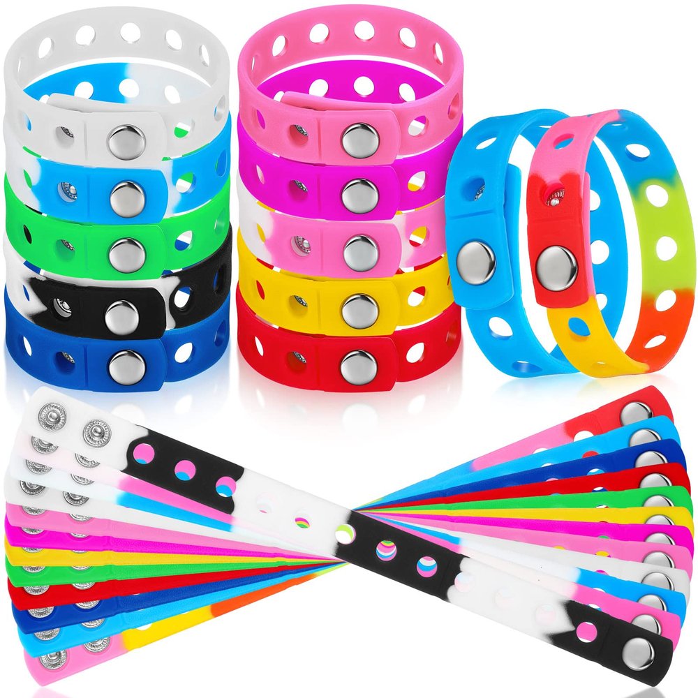 Yinkin 24 Pcs Silicone Charm Rubber Bracelets for Kids Adjustable Party Gifts Silicone Wristbands Bracelets with Holes for Shoe Charm Girls Boys Birthday Party Award, 12 Colors