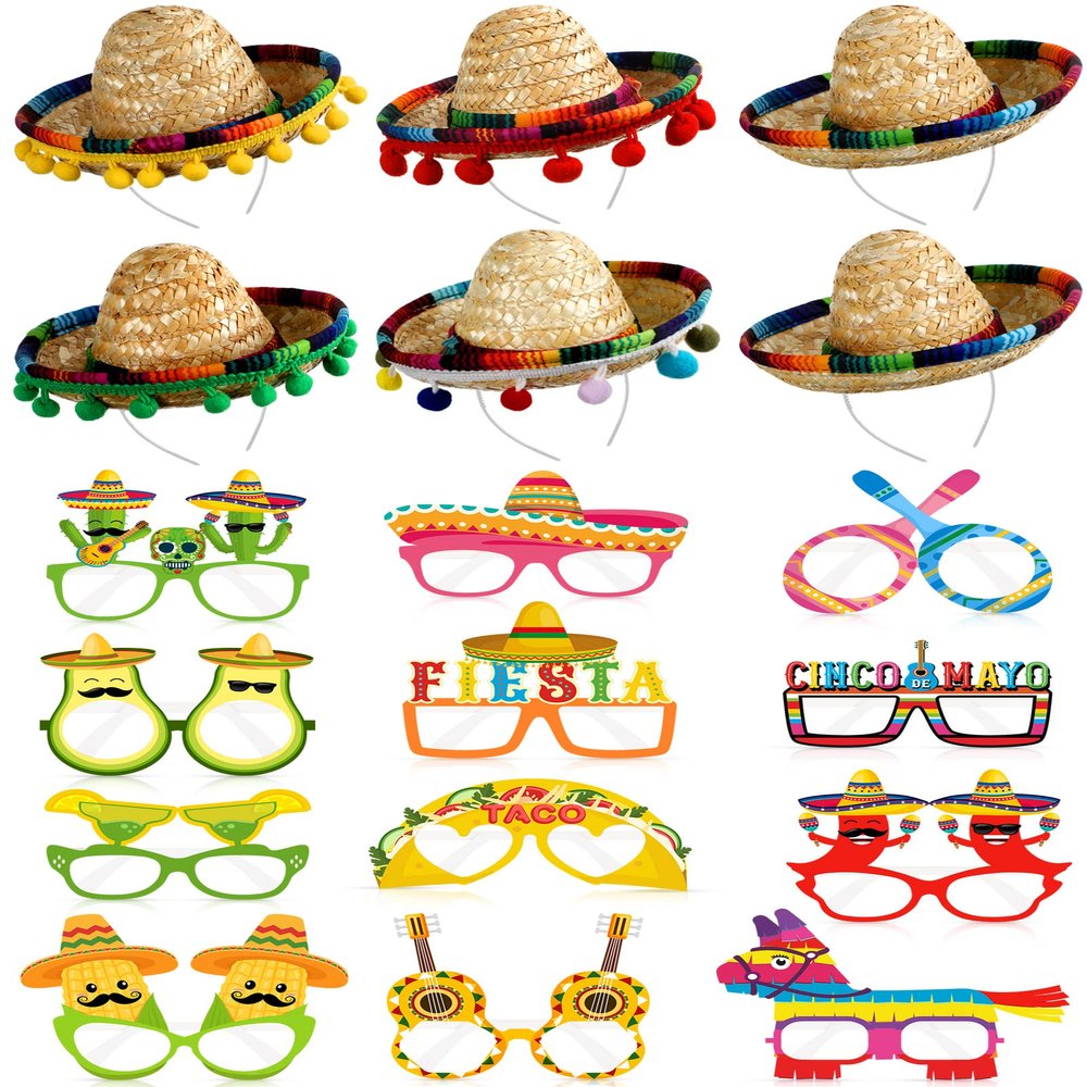 Janinka 18 Pcs Fiesta Mexican Sombrero Hats colorful Headbands Paper Mexican Eyeglasses Cinco De Mayo for Celebrations(Classic Style)