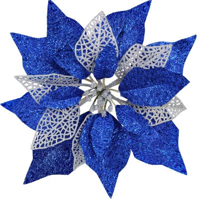 14 Set 8.7" Wide 4 Layers Christmas Blue Glitter Poinsettia Flowers Picks Christmas Tree Ornaments for Blue Christmas Tree Wreaths Garland Holiday Seasonal Festive Navidad Decoration Gift Box Included