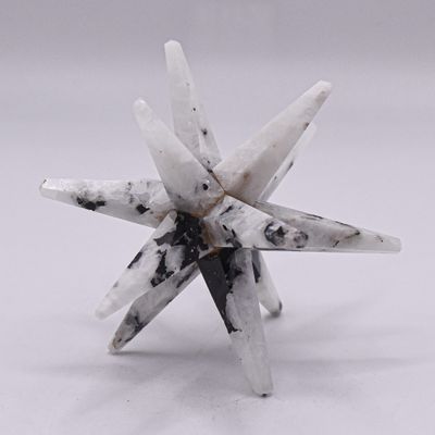 HC Set: 75mm 12 Point Rainbow Moonstone Merkaba Star Natural Feldspar Mineral Hand Polished Crystal Sacred Geometry Stone Star - India + One Polished Clear Quartz Cabochon