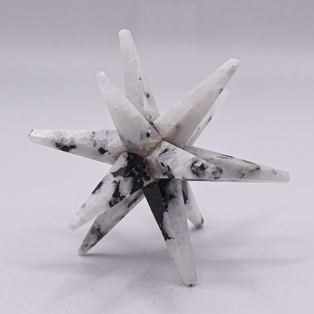 HC Set: 75mm 12 Point Rainbow Moonstone Merkaba Star Natural Feldspar Mineral Hand Polished Crystal Sacred Geometry Stone Star - India + One Polished Clear Quartz Cabochon