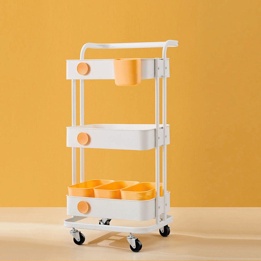 SRHWBF 3-Tier Rolling Cart Slide Out Storage Cart with Wheels Mobile Utility Cart with Hook and Storage Box Easy Assemble Shelving Unit for Kitchen Bathroom Bedroom (Yellow B)